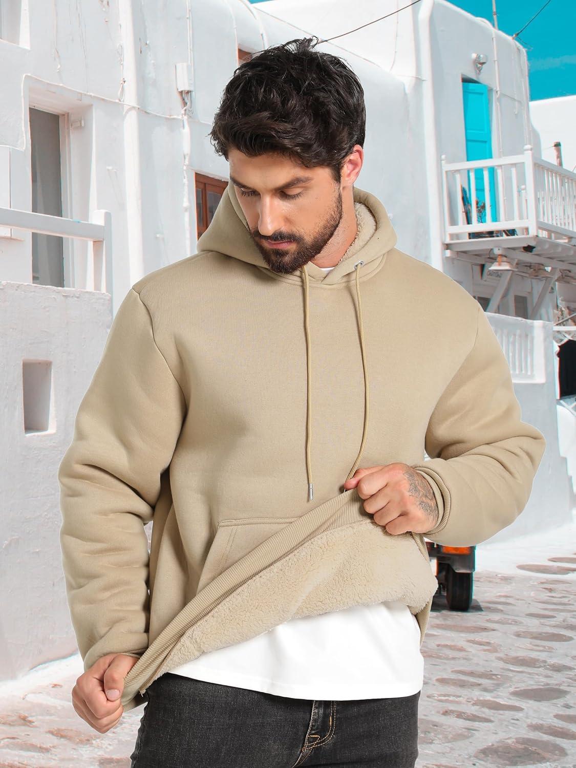 imageZITY Mens Sherpa Lined Hoodie Sweatshirts Heavy Pullover Kangaroo Pocket Winter Windproof Warm Fleece Hoodie AthleticLight Brown