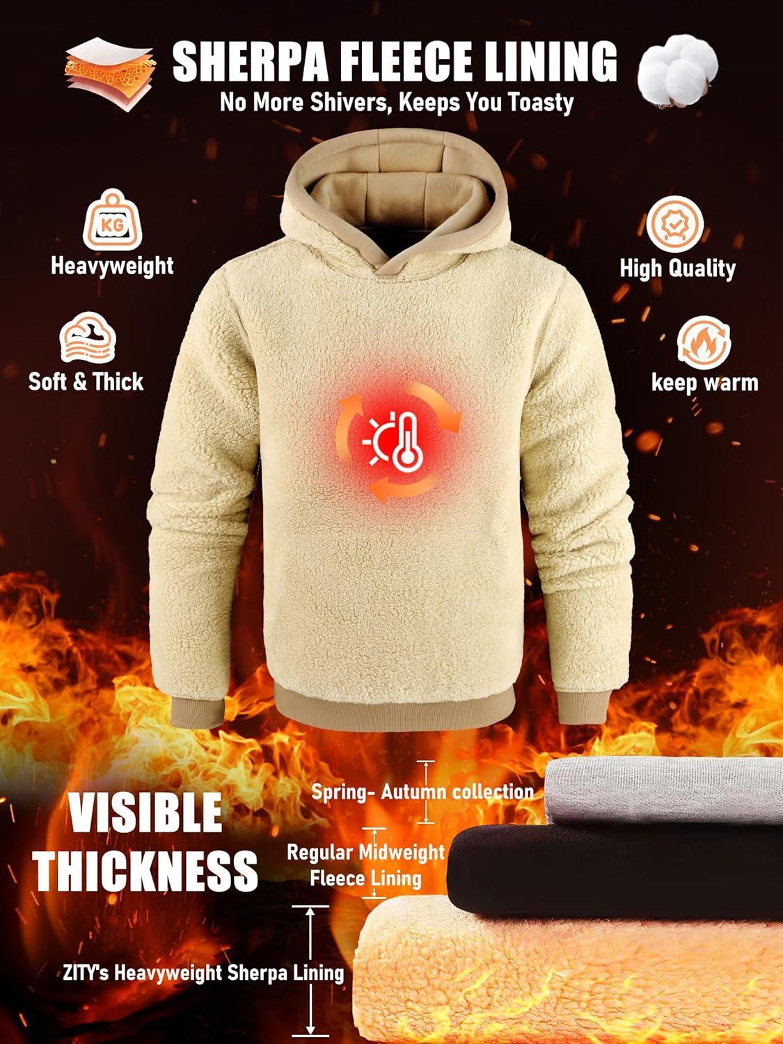 imageZITY Mens Sherpa Lined Hoodie Sweatshirts Heavy Pullover Kangaroo Pocket Winter Windproof Warm Fleece Hoodie AthleticLight Brown