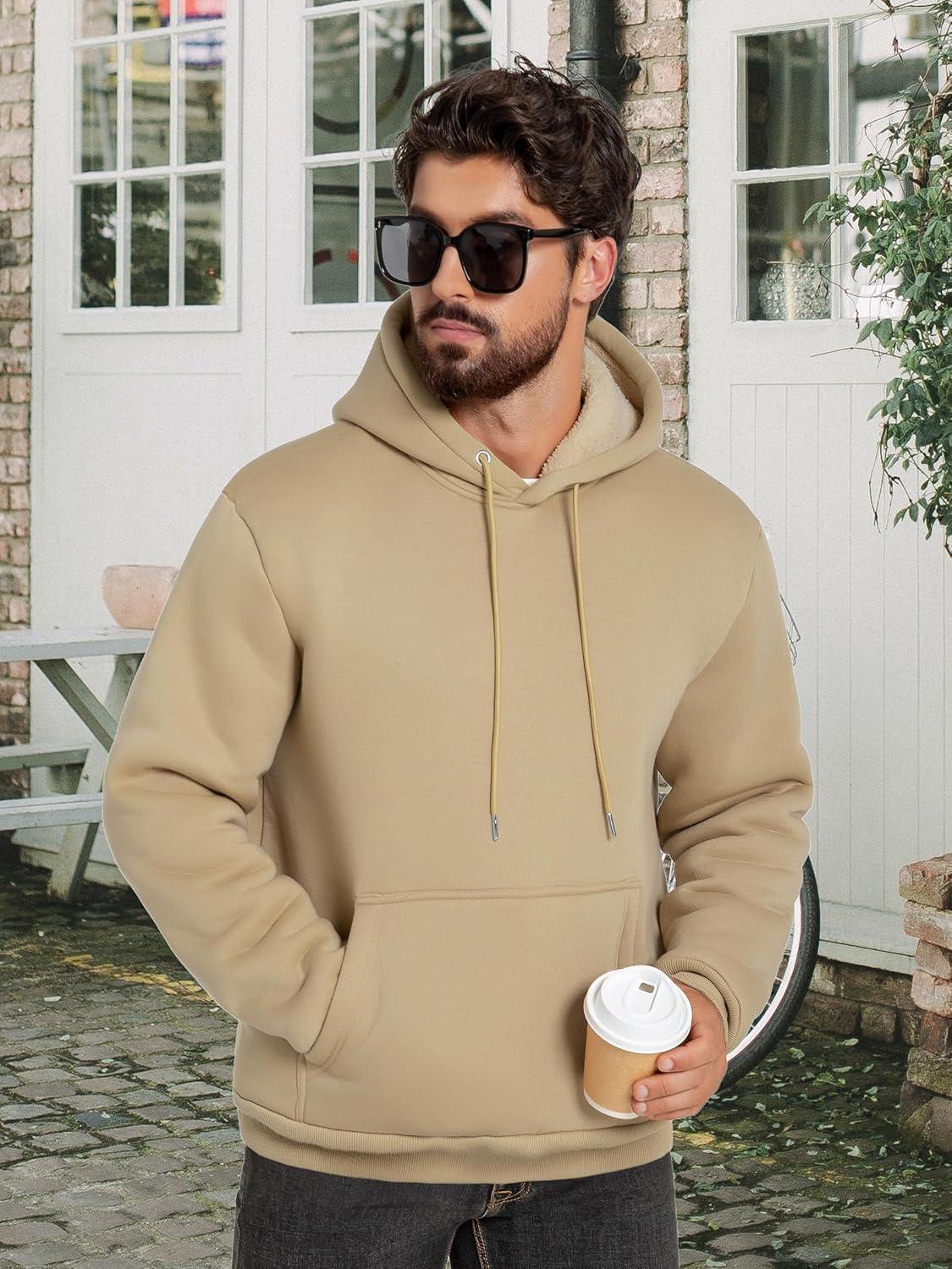 imageZITY Mens Sherpa Lined Hoodie Sweatshirts Heavy Pullover Kangaroo Pocket Winter Windproof Warm Fleece Hoodie AthleticLight Brown