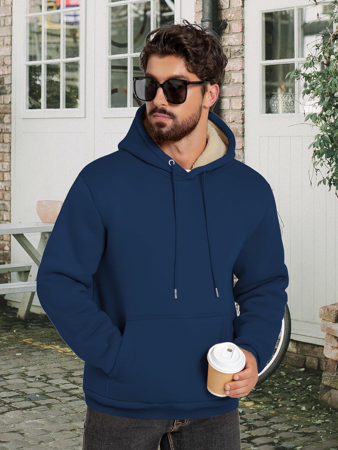 imageZITY Mens Sherpa Lined Hoodie Sweatshirts Heavy Pullover Kangaroo Pocket Winter Windproof Warm Fleece Hoodie AthleticNavy