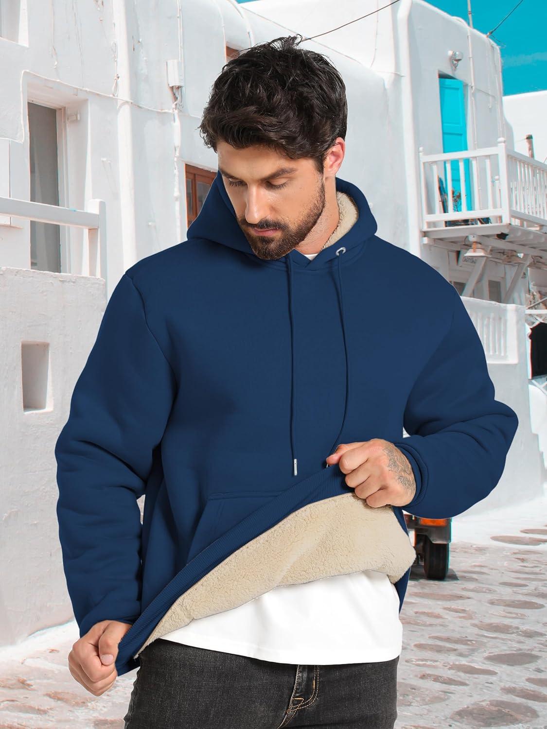 imageZITY Mens Sherpa Lined Hoodie Sweatshirts Heavy Pullover Kangaroo Pocket Winter Windproof Warm Fleece Hoodie AthleticNavy