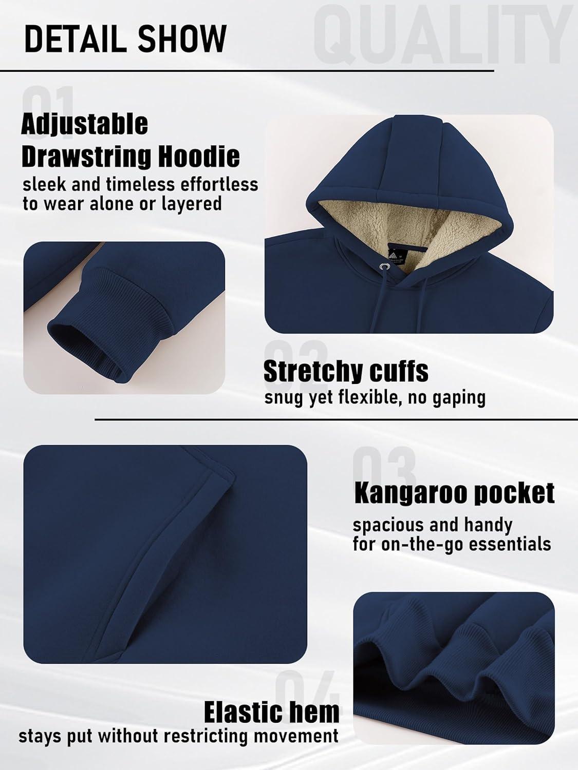 imageZITY Mens Sherpa Lined Hoodie Sweatshirts Heavy Pullover Kangaroo Pocket Winter Windproof Warm Fleece Hoodie AthleticNavy