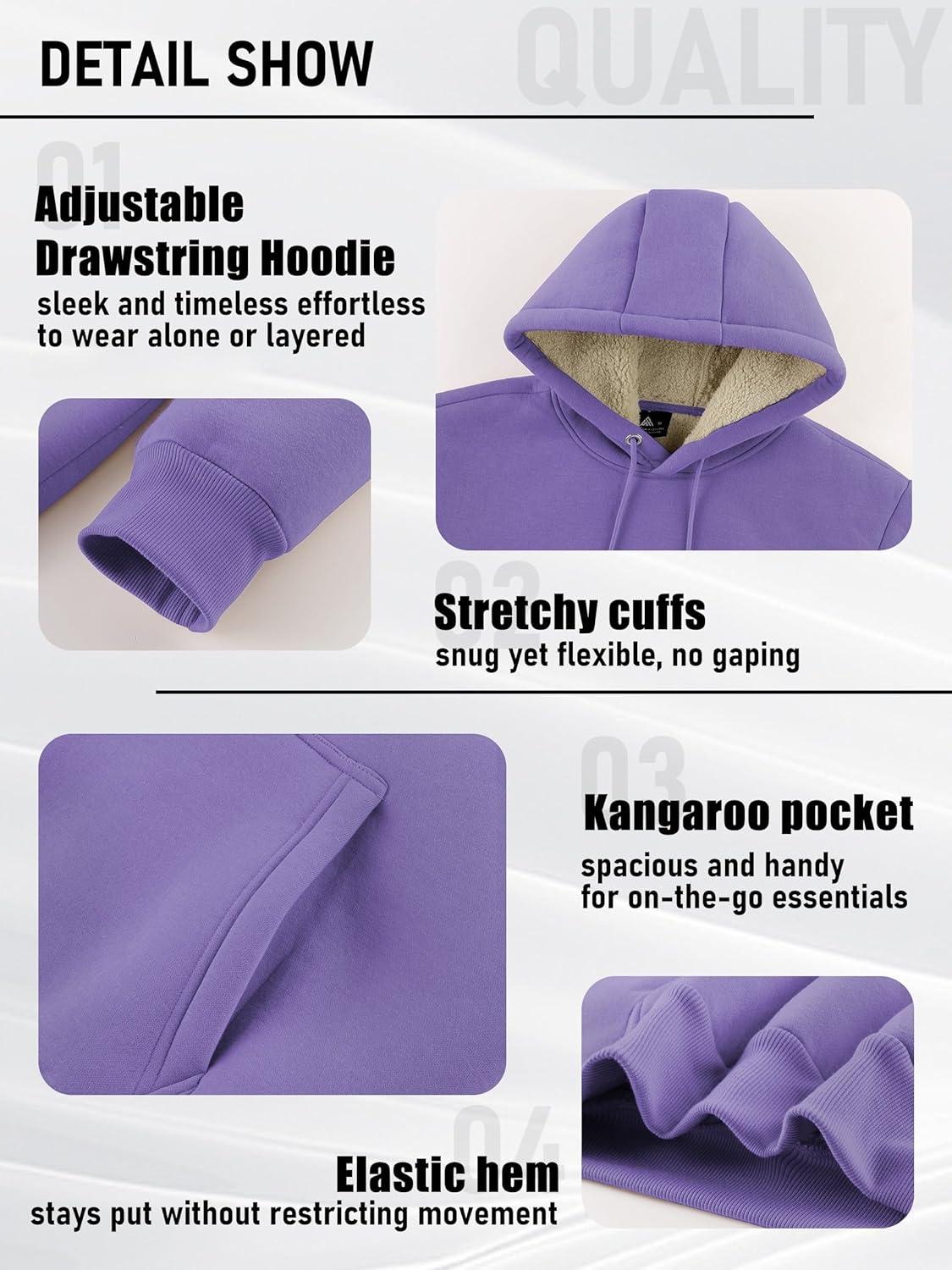 imageZITY Mens Sherpa Lined Hoodie Sweatshirts Heavy Pullover Kangaroo Pocket Winter Windproof Warm Fleece Hoodie AthleticPurple