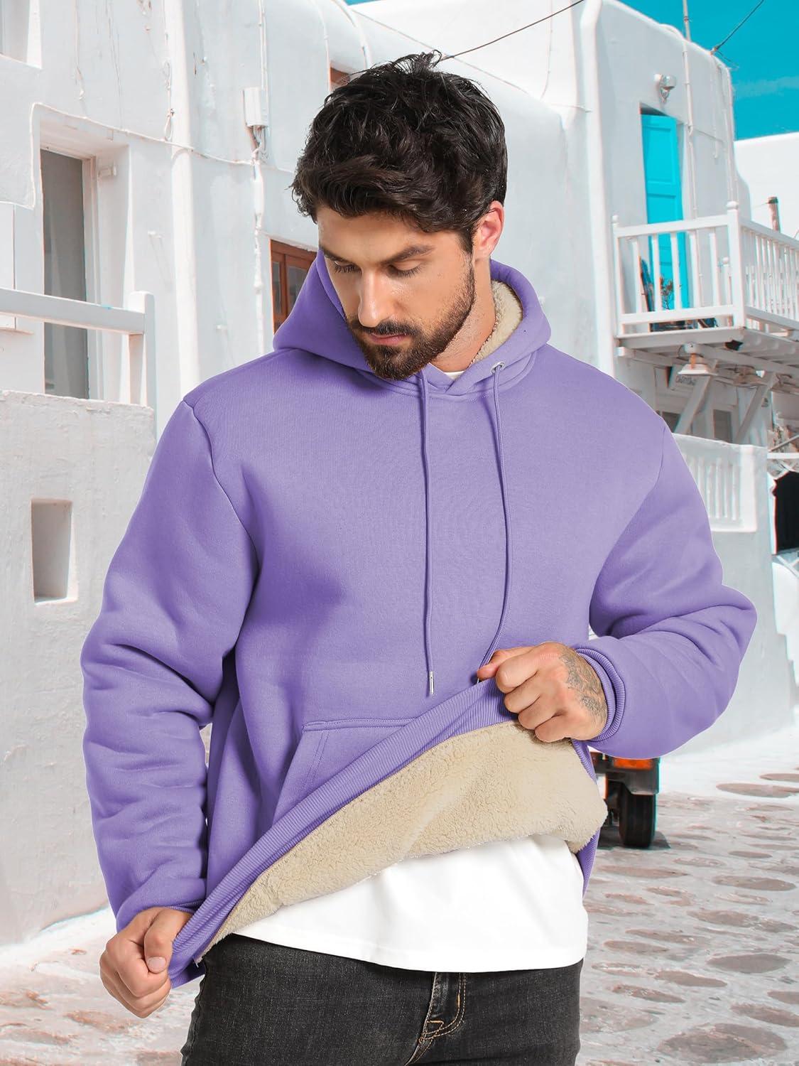 imageZITY Mens Sherpa Lined Hoodie Sweatshirts Heavy Pullover Kangaroo Pocket Winter Windproof Warm Fleece Hoodie AthleticPurple