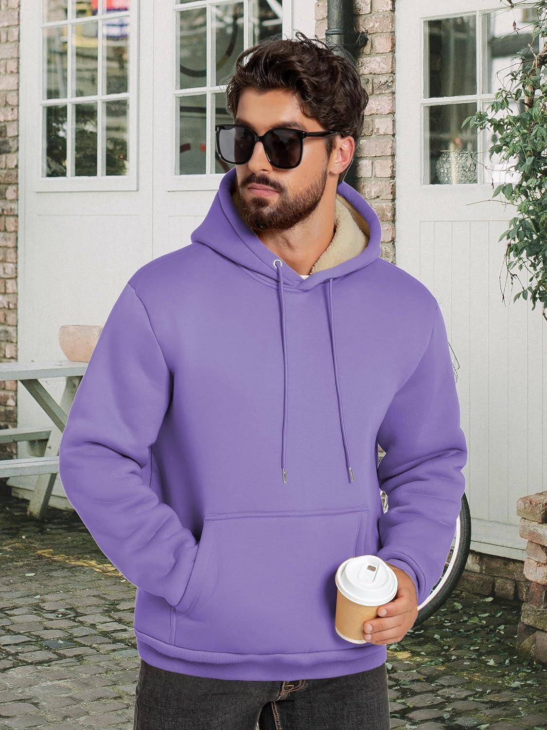imageZITY Mens Sherpa Lined Hoodie Sweatshirts Heavy Pullover Kangaroo Pocket Winter Windproof Warm Fleece Hoodie AthleticPurple