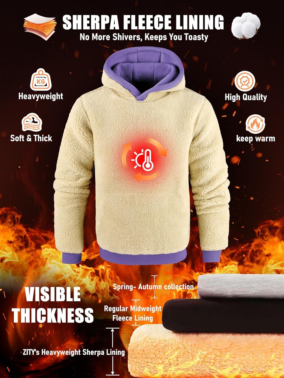 imageZITY Mens Sherpa Lined Hoodie Sweatshirts Heavy Pullover Kangaroo Pocket Winter Windproof Warm Fleece Hoodie AthleticPurple