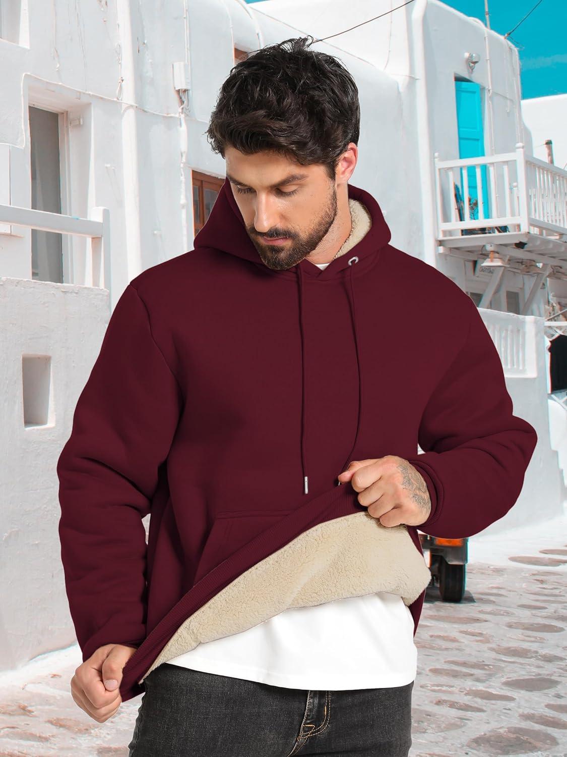imageZITY Mens Sherpa Lined Hoodie Sweatshirts Heavy Pullover Kangaroo Pocket Winter Windproof Warm Fleece Hoodie AthleticWine Red