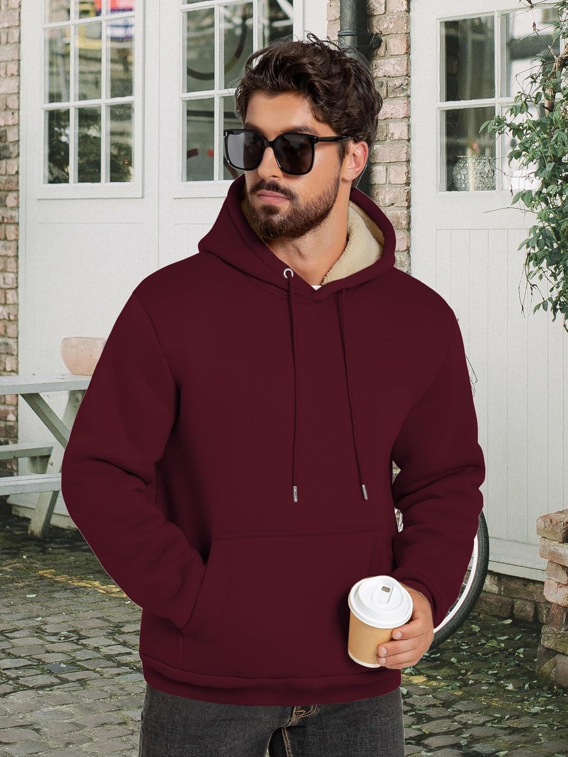 imageZITY Mens Sherpa Lined Hoodie Sweatshirts Heavy Pullover Kangaroo Pocket Winter Windproof Warm Fleece Hoodie AthleticWine Red