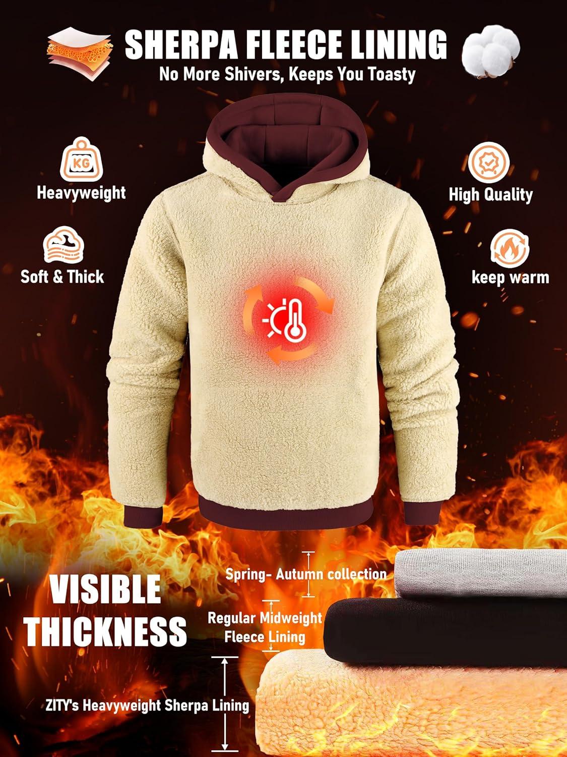 imageZITY Mens Sherpa Lined Hoodie Sweatshirts Heavy Pullover Kangaroo Pocket Winter Windproof Warm Fleece Hoodie AthleticWine Red