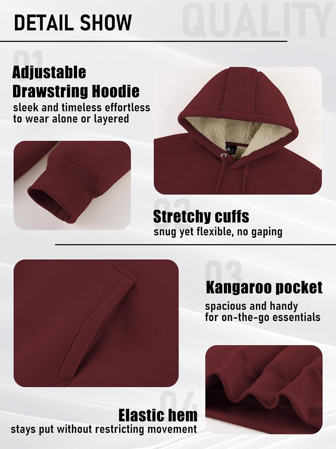 imageZITY Mens Sherpa Lined Hoodie Sweatshirts Heavy Pullover Kangaroo Pocket Winter Windproof Warm Fleece Hoodie AthleticWine Red
