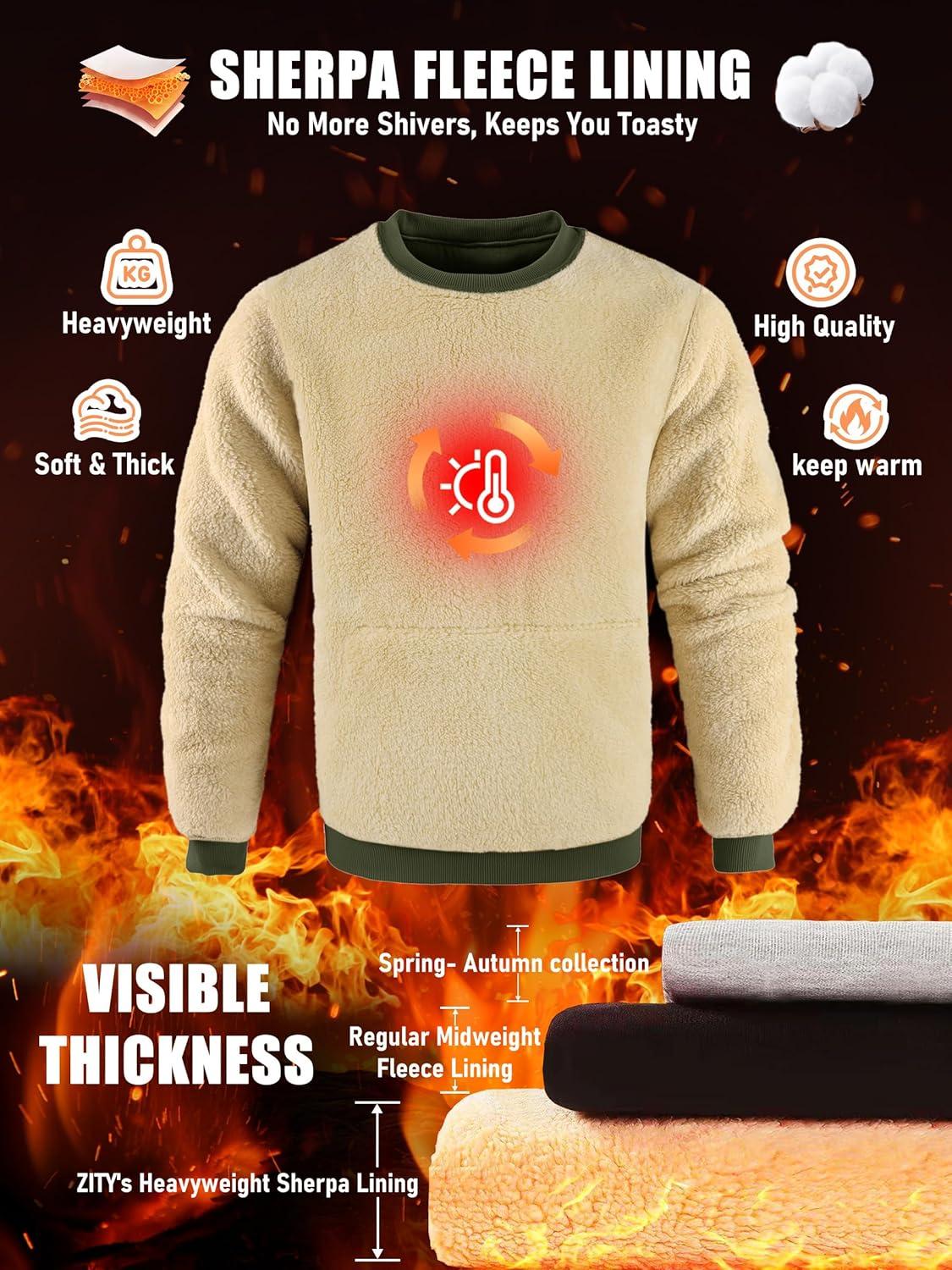 imageZITY Mens Sherpa Lined Sweatshirt Heavyweight Fleece Crewneck Sweatshirts Kangaroo Pocket Thick Winter Long Sleeve PulloverArmy Green