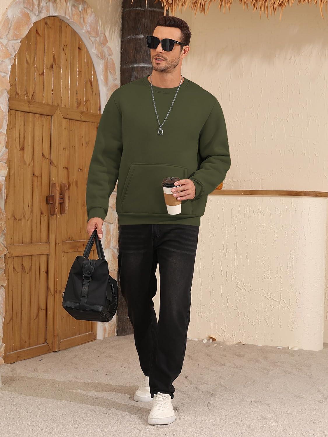 imageZITY Mens Sherpa Lined Sweatshirt Heavyweight Fleece Crewneck Sweatshirts Kangaroo Pocket Thick Winter Long Sleeve PulloverArmy Green