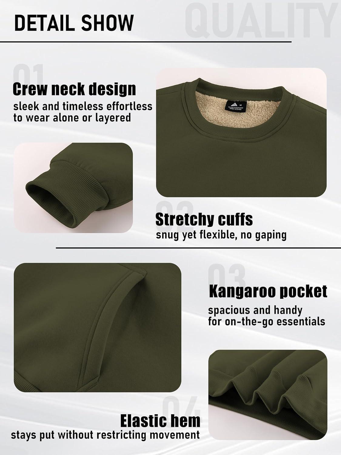 imageZITY Mens Sherpa Lined Sweatshirt Heavyweight Fleece Crewneck Sweatshirts Kangaroo Pocket Thick Winter Long Sleeve PulloverArmy Green