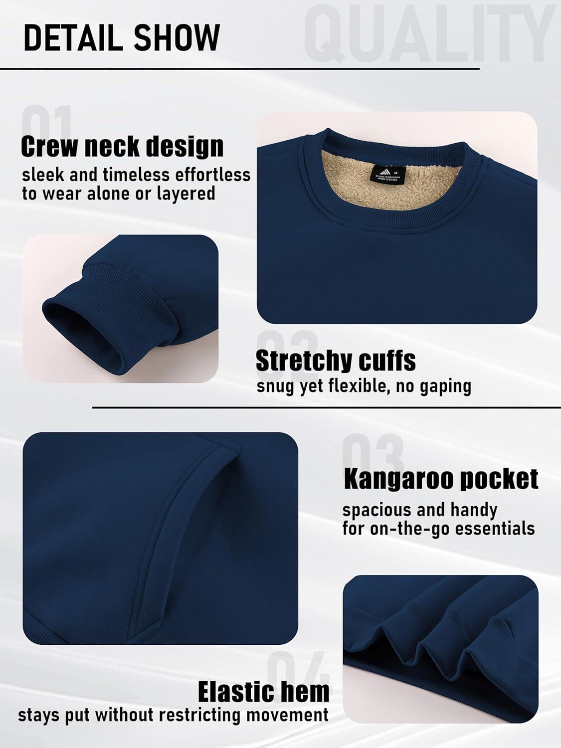 imageZITY Mens Sherpa Lined Sweatshirt Heavyweight Fleece Crewneck Sweatshirts Kangaroo Pocket Thick Winter Long Sleeve PulloverNavy