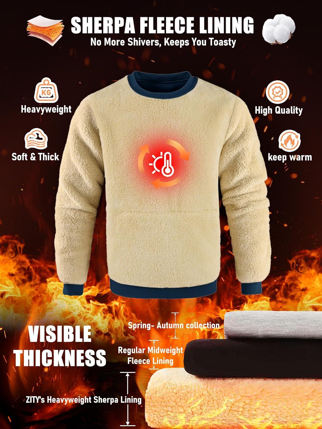 imageZITY Mens Sherpa Lined Sweatshirt Heavyweight Fleece Crewneck Sweatshirts Kangaroo Pocket Thick Winter Long Sleeve PulloverNavy