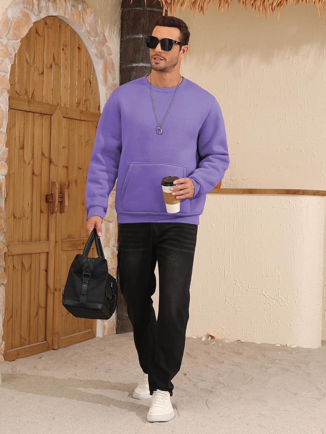 imageZITY Mens Sherpa Lined Sweatshirt Heavyweight Fleece Crewneck Sweatshirts Kangaroo Pocket Thick Winter Long Sleeve PulloverPurple
