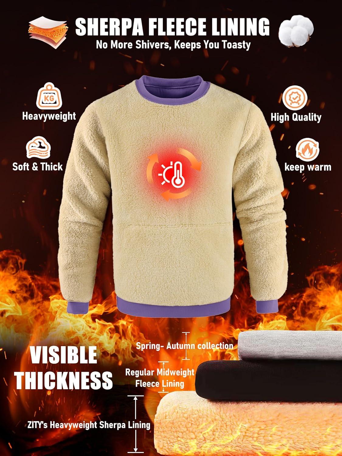 imageZITY Mens Sherpa Lined Sweatshirt Heavyweight Fleece Crewneck Sweatshirts Kangaroo Pocket Thick Winter Long Sleeve PulloverPurple