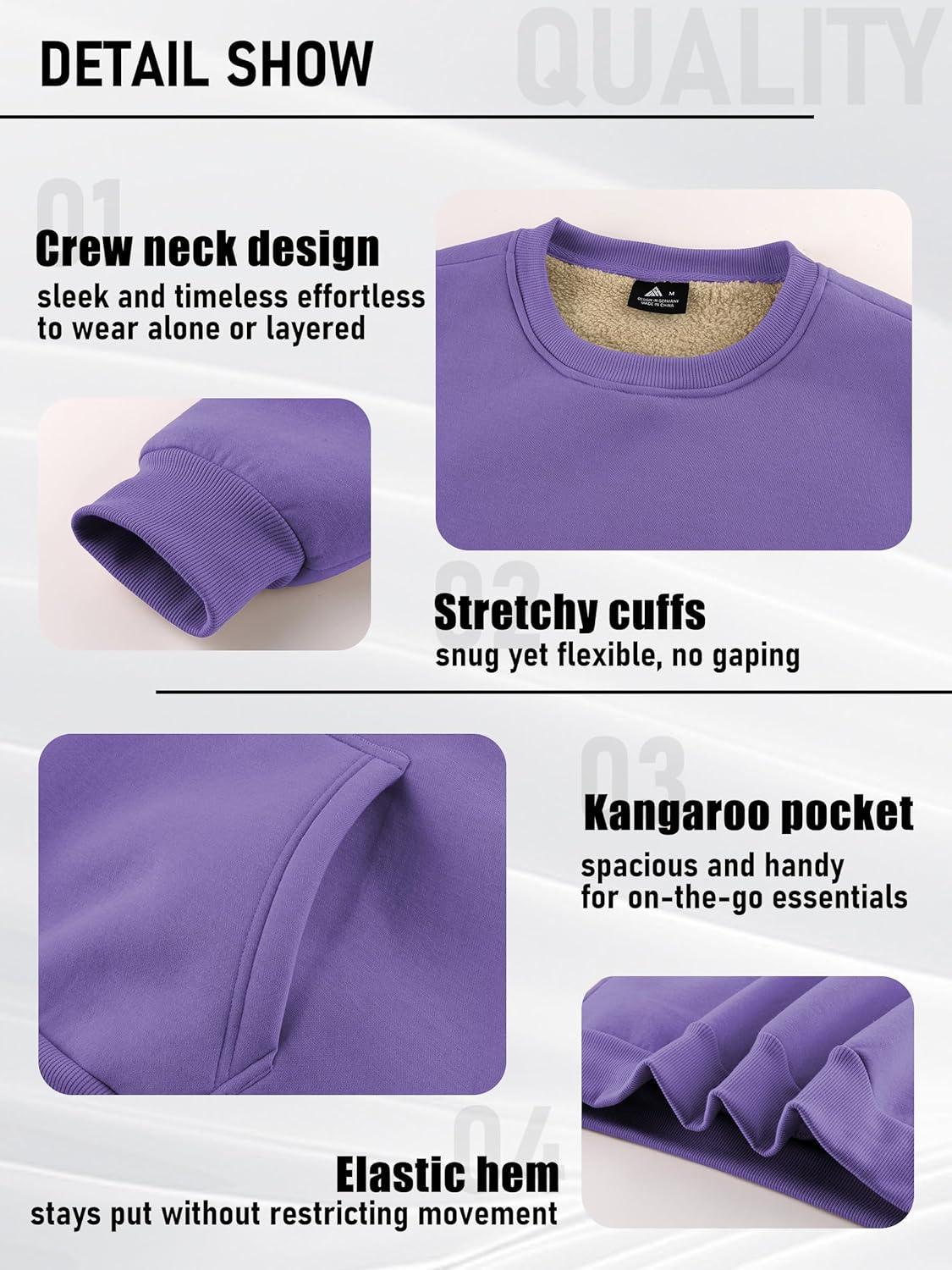 imageZITY Mens Sherpa Lined Sweatshirt Heavyweight Fleece Crewneck Sweatshirts Kangaroo Pocket Thick Winter Long Sleeve PulloverPurple