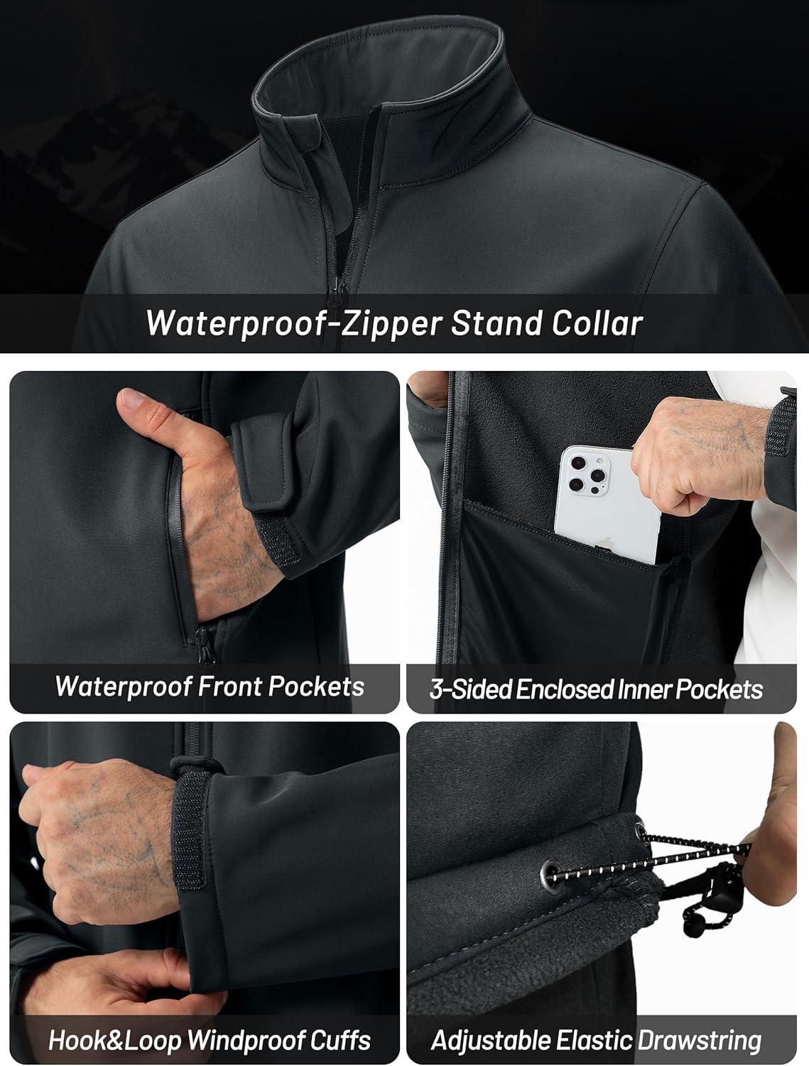 imageZITY Mens Softshell Jacket Fleece Lined Lightweight Waterproof Rain Jacket Zip Up Soft Shell Windproof WindbreakerGrey