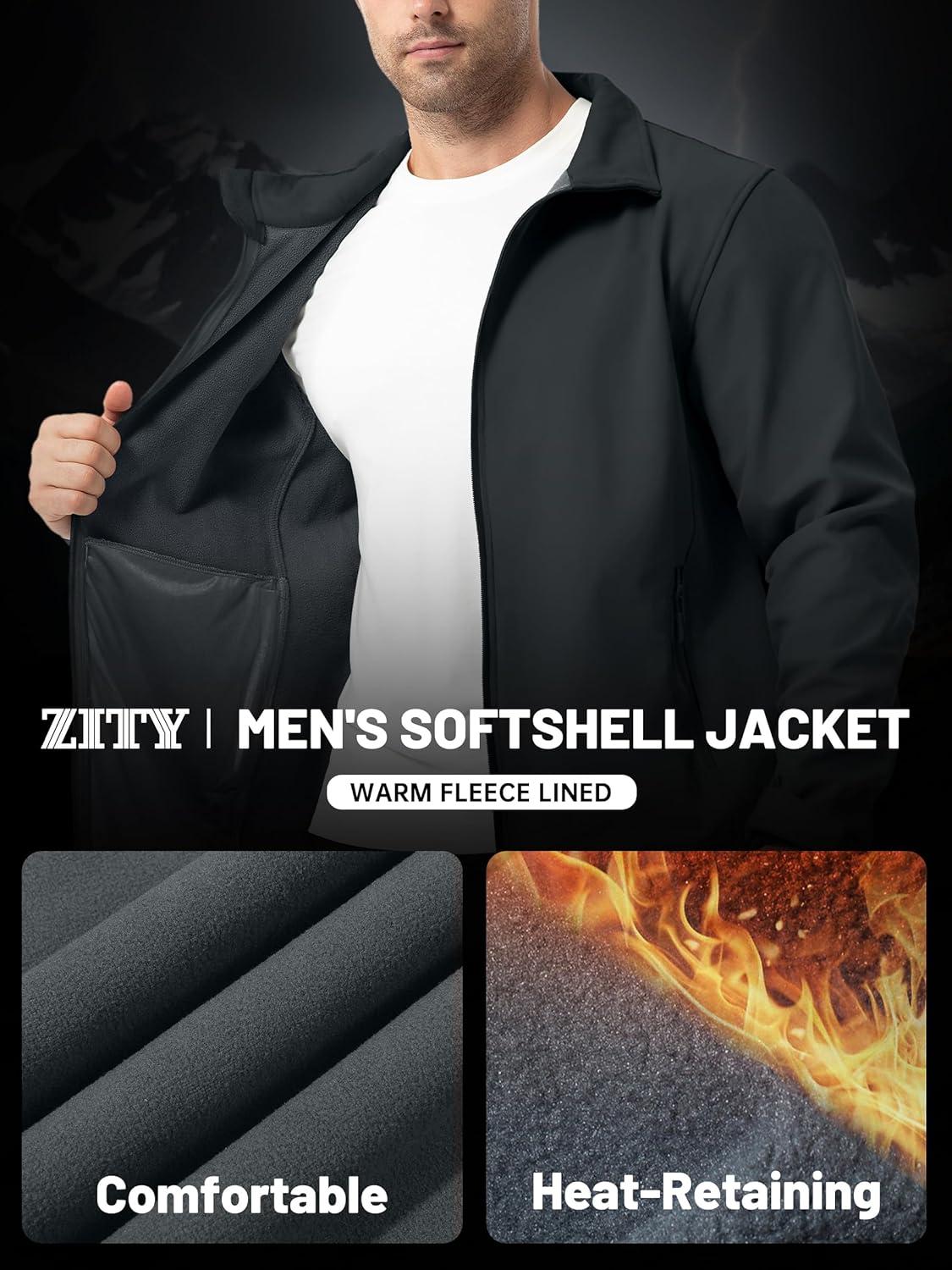 imageZITY Mens Softshell Jacket Fleece Lined Lightweight Waterproof Rain Jacket Zip Up Soft Shell Windproof WindbreakerGrey