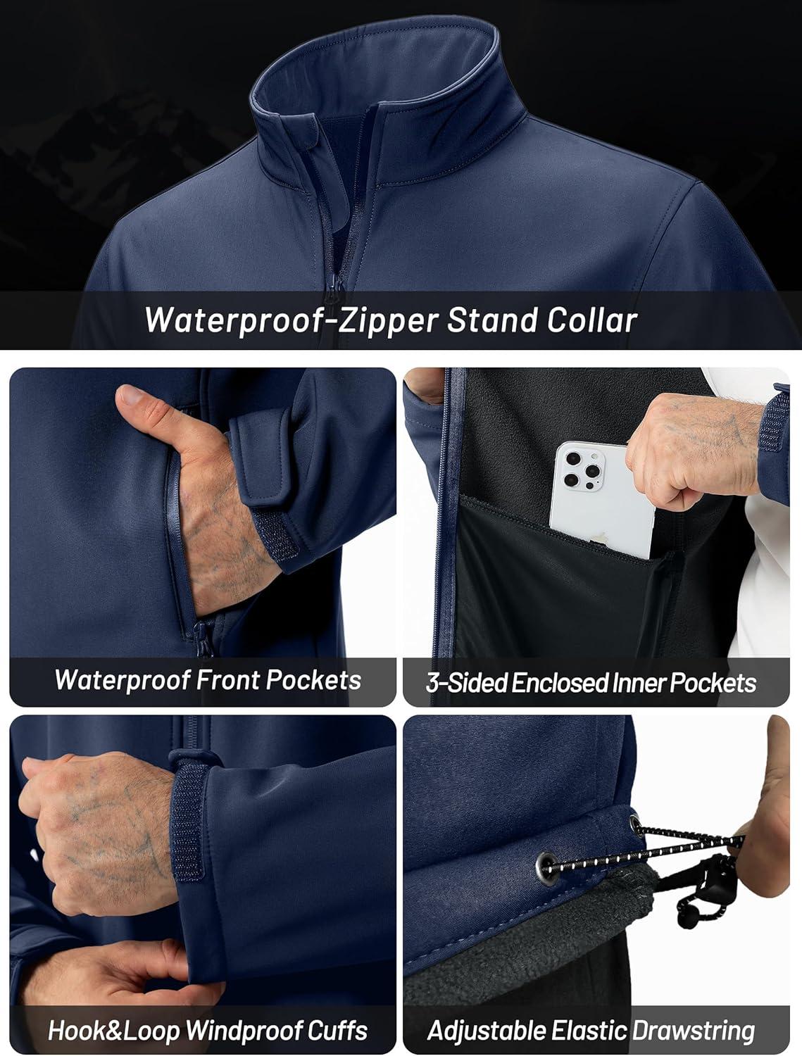 imageZITY Mens Softshell Jacket Fleece Lined Lightweight Waterproof Rain Jacket Zip Up Soft Shell Windproof WindbreakerNavy