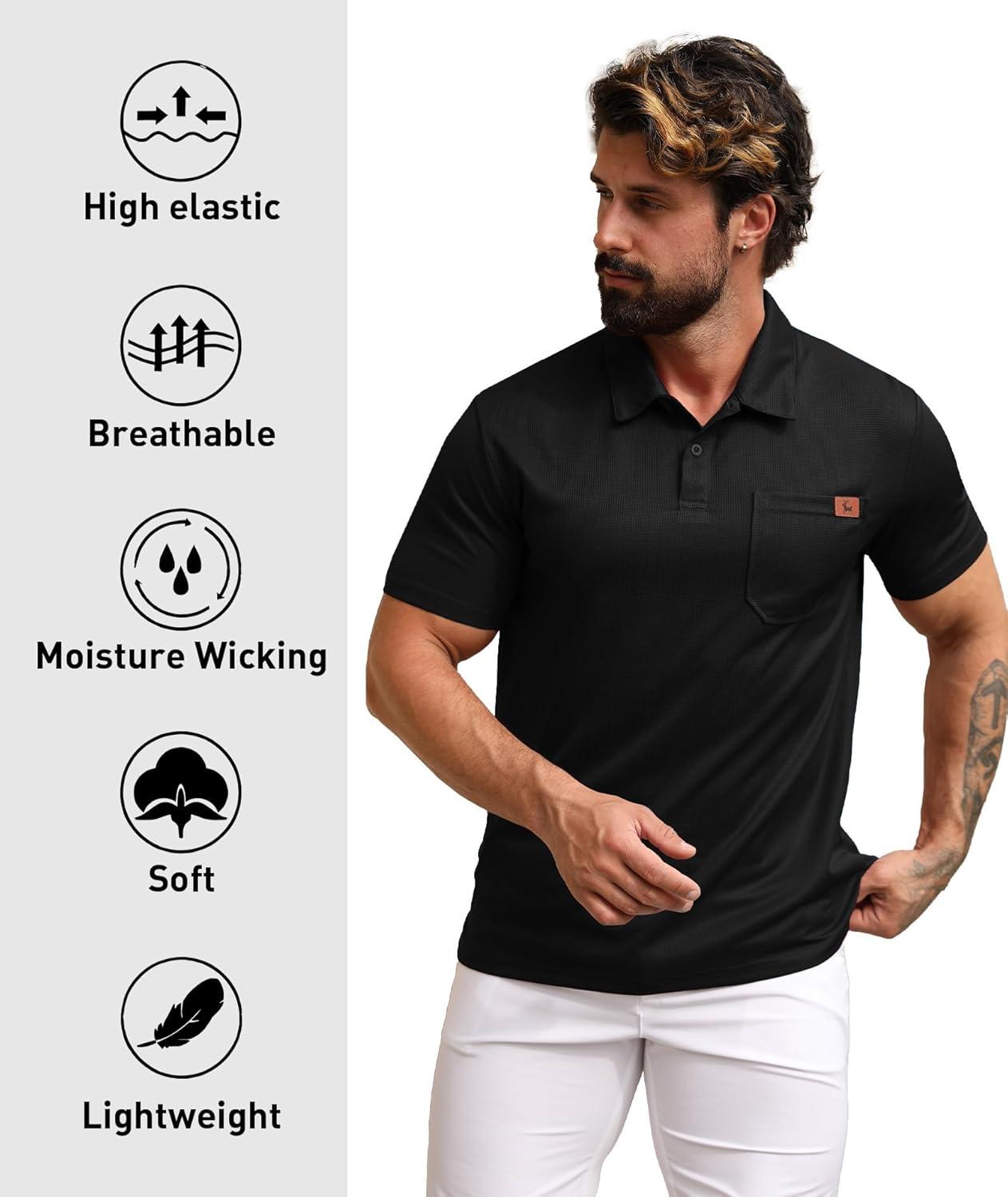 imageZITY Mens Waffle Polo Shirts Casual Short Sleeve Texture Polo for Men Moisture Wicking Collared TShirt with PocketBlack
