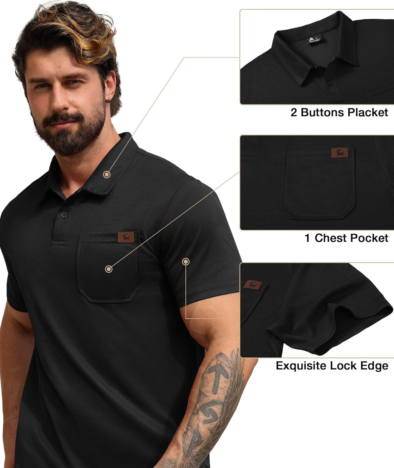 imageZITY Mens Waffle Polo Shirts Casual Short Sleeve Texture Polo for Men Moisture Wicking Collared TShirt with PocketBlack