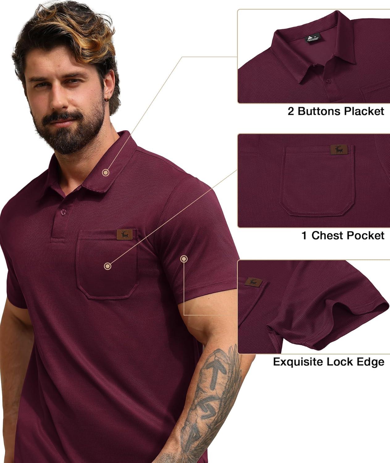 imageZITY Mens Waffle Polo Shirts Casual Short Sleeve Texture Polo for Men Moisture Wicking Collared TShirt with PocketWine Red