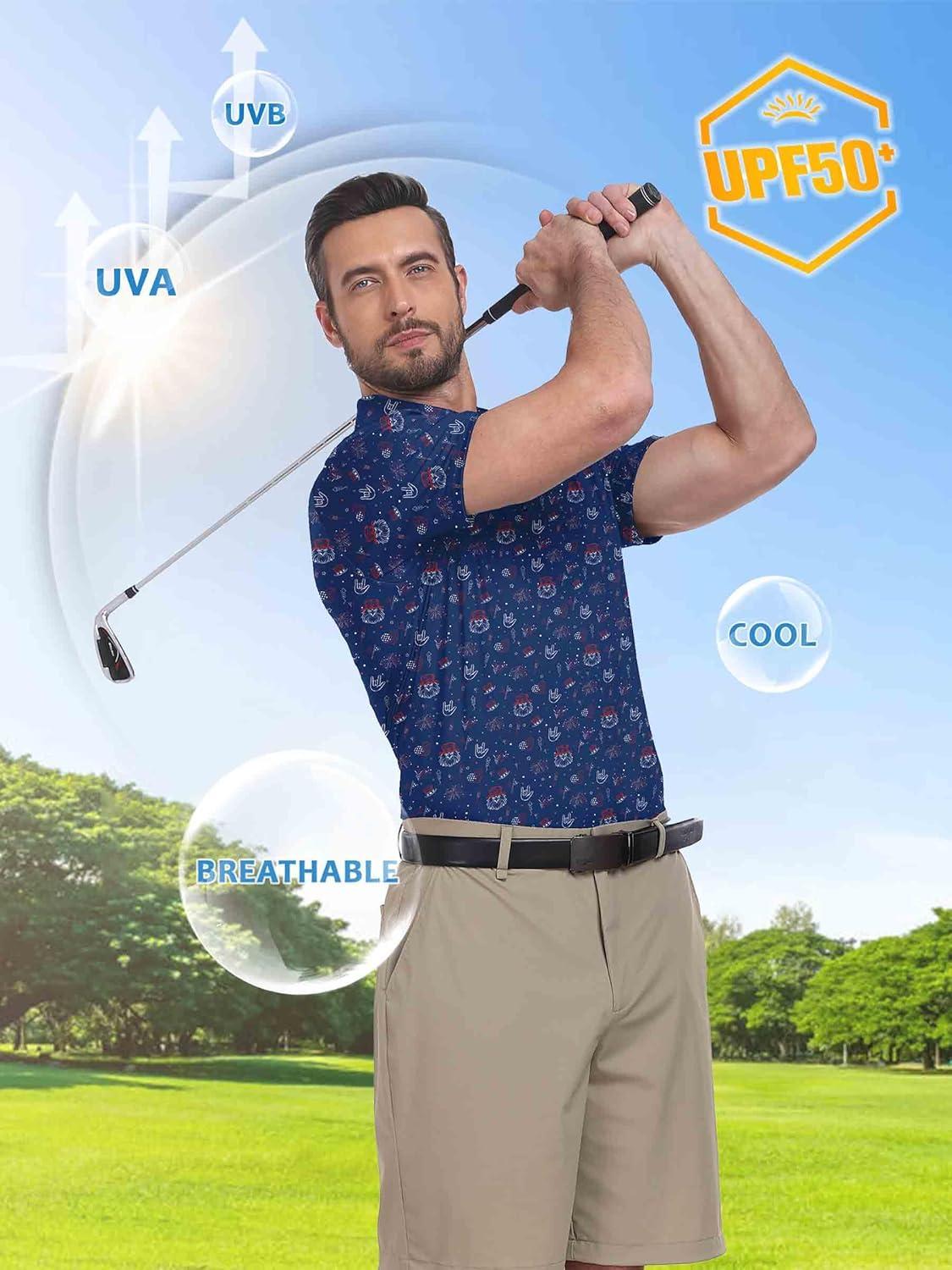imageZITY Select Golf Shirts for Men Short Sleeve UPF 50 Print Performance Polo Moisture Wicking Funny Golf Collared ShirtsNavy Festival Party