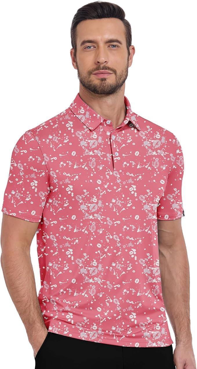 imageZITY Select Golf Shirts for Men Short Sleeve UPF 50 Print Performance Polo Moisture Wicking Funny Golf Collared ShirtsPink Splash
