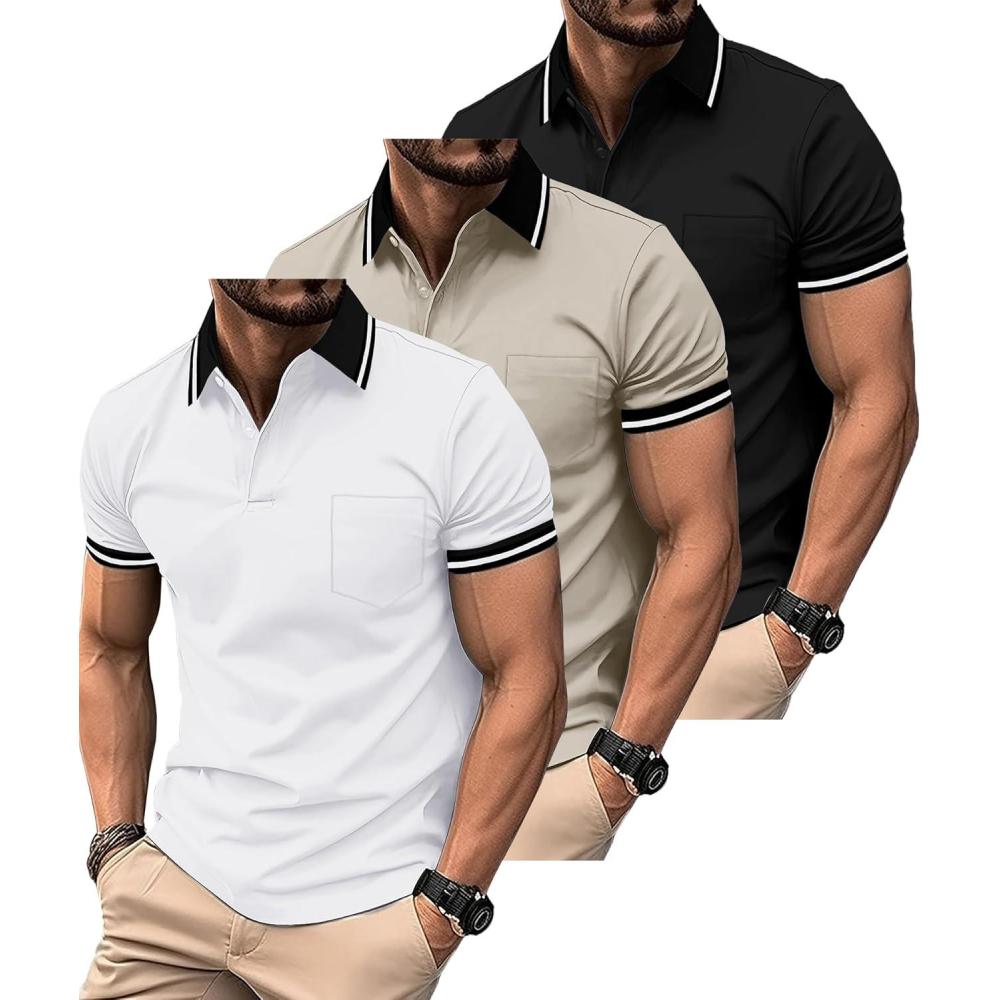 imageZITY 3 Pack Men Polo Shirts Short Sleeve with Pocket Sport Wicking Shirts for Men Casual Athletic Collared TShirtsBlack White Khaki