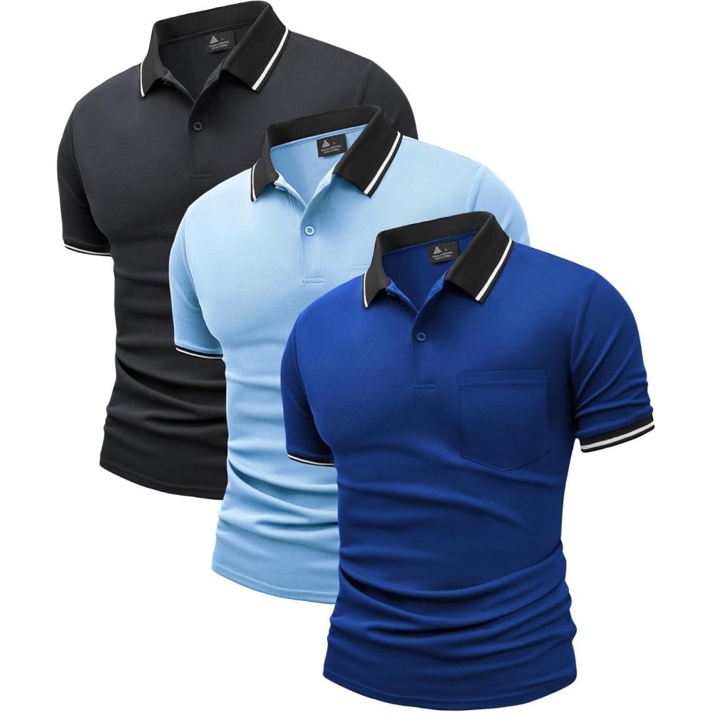 imageZITY 3 Pack Men Polo Shirts Short Sleeve with Pocket Sport Wicking Shirts for Men Casual Athletic Collared TShirtsGrey Moonblue Blue