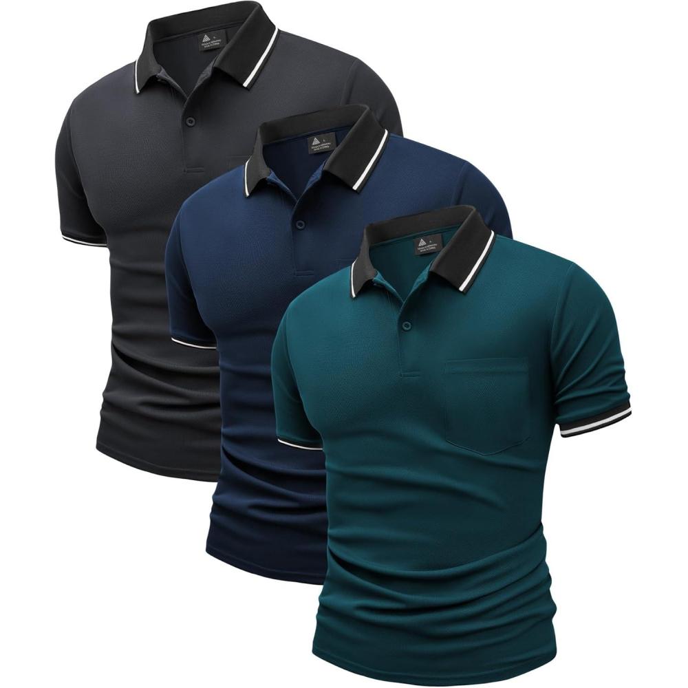 imageZITY 3 Pack Men Polo Shirts Short Sleeve with Pocket Sport Wicking Shirts for Men Casual Athletic Collared TShirtsGrey Navy Duckblue