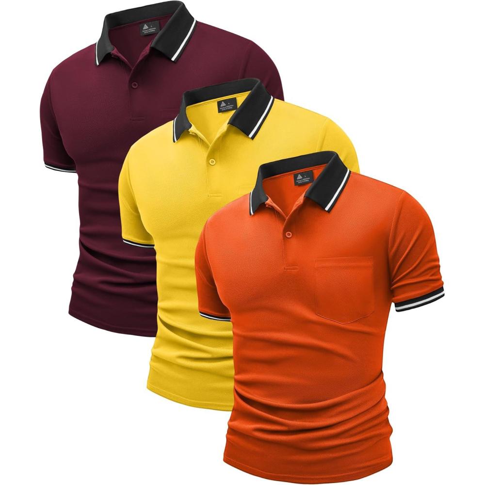imageZITY 3 Pack Men Polo Shirts Short Sleeve with Pocket Sport Wicking Shirts for Men Casual Athletic Collared TShirtsOrange Yelleow Red