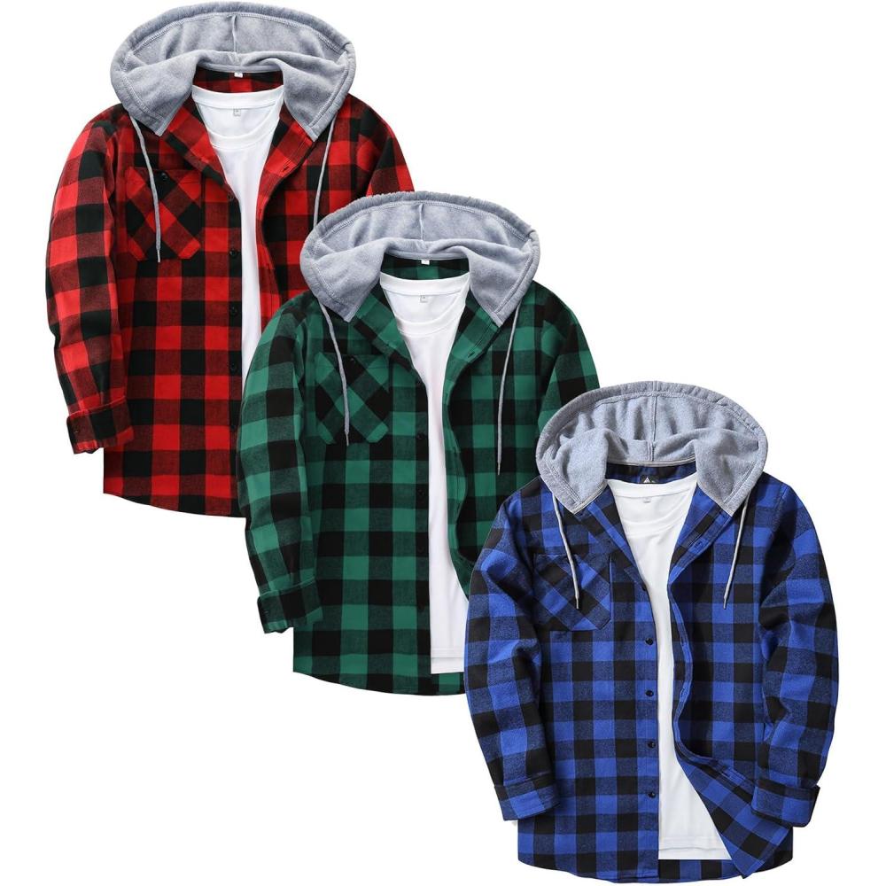 imageZITY 3 Pack Mens Flannel Hoodie Shirts Long Sleeve Casual Vintage Button Down Plaid Shirt Jacket with PocketBlue Green Red