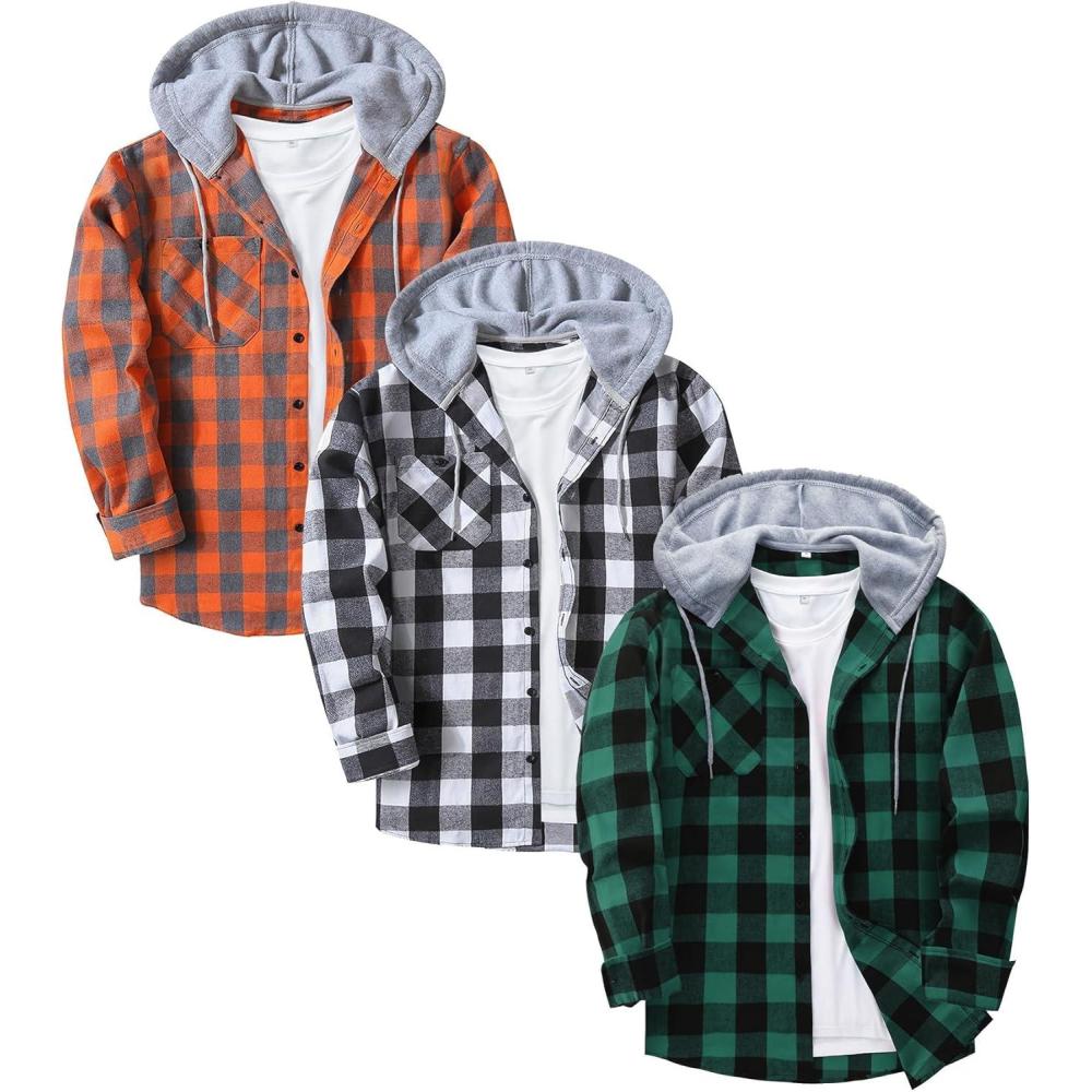 imageZITY 3 Pack Mens Flannel Hoodie Shirts Long Sleeve Casual Vintage Button Down Plaid Shirt Jacket with PocketGreen Orange Whiteblack
