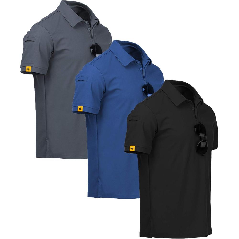 imageZITY 3 Pack Mens Polo Shirt Short Sleeve Sports Performance Business Casual Golf Shirts for Men Collared Tactical TShirtsBlack Blue Grey