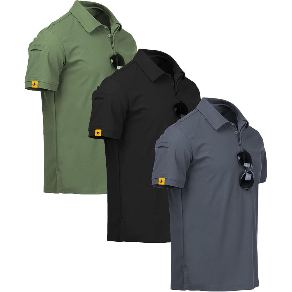 imageZITY 3 Pack Mens Polo Shirt Short Sleeve Sports Performance Business Casual Golf Shirts for Men Collared Tactical TShirtsGrey Black Green