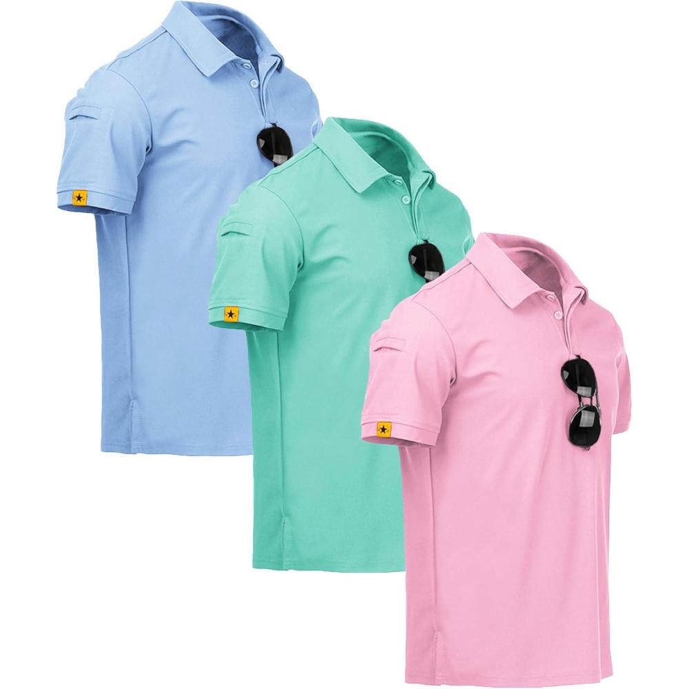 imageZITY 3 Pack Mens Polo Shirt Short Sleeve Sports Performance Business Casual Golf Shirts for Men Collared Tactical TShirtsMoonblue Turquoiseblue Pink