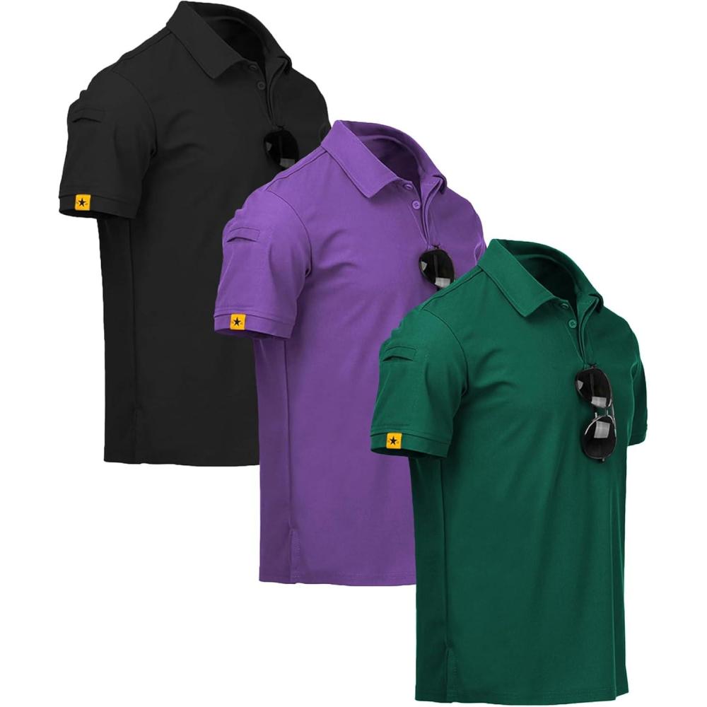 imageZITY 3 Pack Mens Polo Shirt Short Sleeve Sports Performance Business Casual Golf Shirts for Men Collared Tactical TShirtsViolet Forstgreen Black