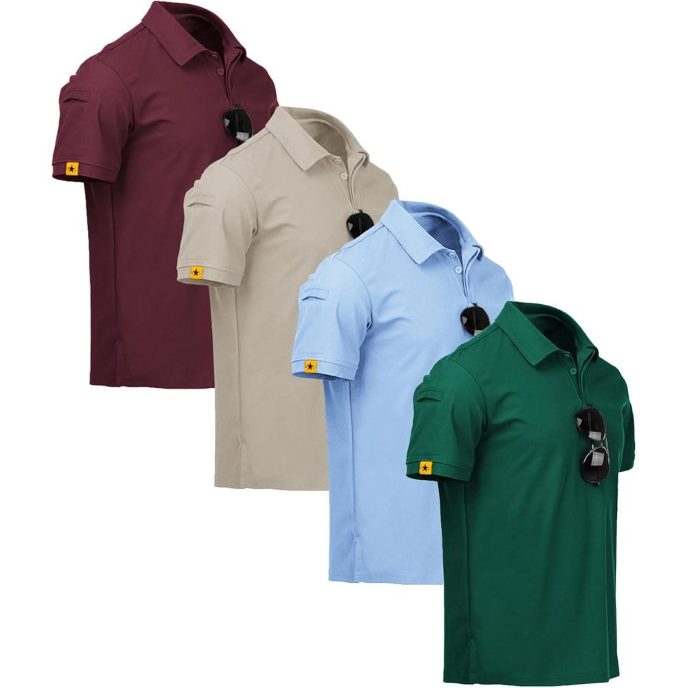 imageZITY 4 Pack Mens Polo Shirt Short Sleeve Sports Golf Tennis TShirt Athletic Collared Tactical ShirtsWine Khaki Moon Forest