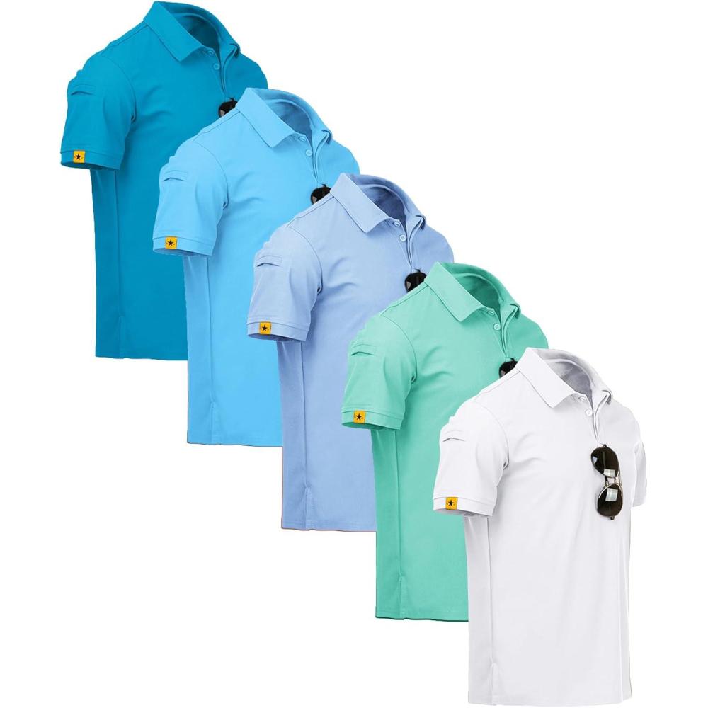 imageZITY 5 Pack Mens Polo Shirt Short Sleeve Sports Golf Tennis TShirt MoistureWicking Summer ShirtsWhite Moon Bluegreen Turquoise Sky