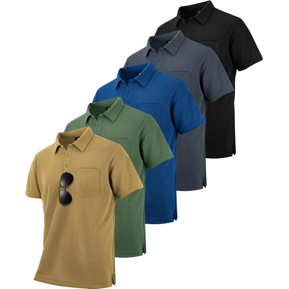 imageZITY 5 Pack Polo Shirts for Men with Pocket Dry Quickly Short Sleeve Athletic Outdoor Work Collared ShirtsBlackgreyroyal Bluearmy Greenkhaki