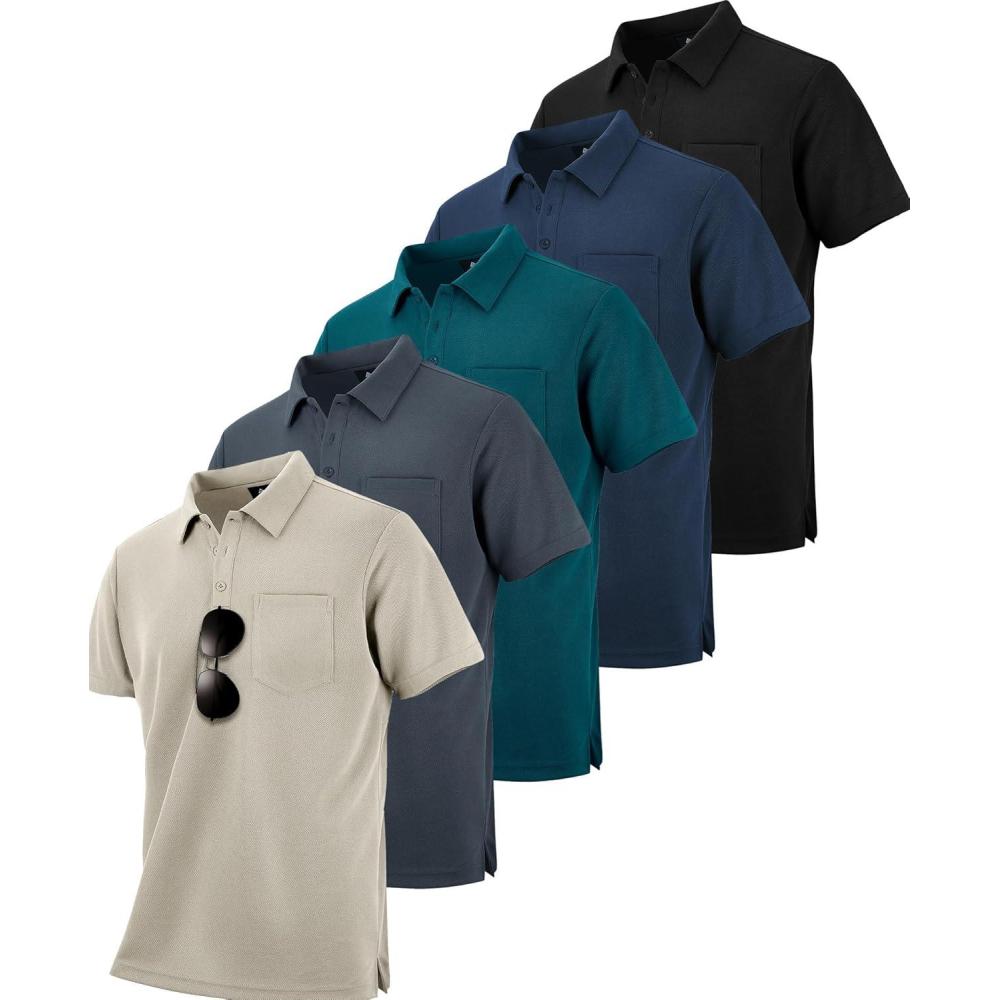 imageZITY 5 Pack Polo Shirts for Men with Pocket Dry Quickly Short Sleeve Athletic Outdoor Work Collared ShirtsDark Teal Blueblackgreyapricotnavy