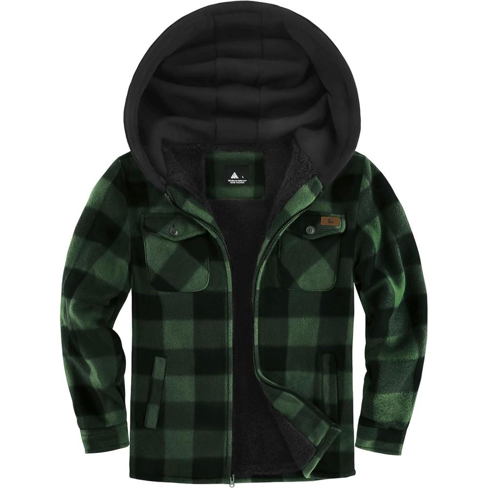 imageZITY Boys Flannel Shirt Jacket Fleece Sherpa Lined Plaid Jackets Unisex Coat Full Zip Hoodie Girls Winter Outwear 615 YearsGreen Black
