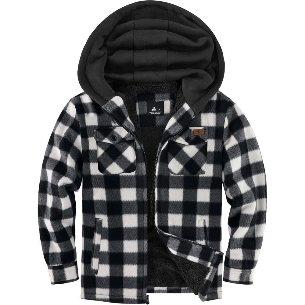 imageZITY Boys Flannel Shirt Jacket Fleece Sherpa Lined Plaid Jackets Unisex Coat Full Zip Hoodie Girls Winter Outwear 615 YearsWhite Black