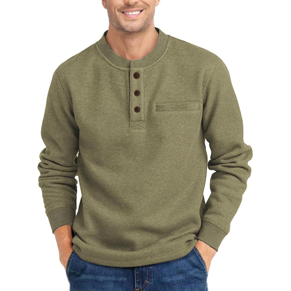 imageZITY Long Sleeve Henley Shirts for Men Casual Waffle Thermal Fashion Pullover 3Button TShirt with PocketOlive Green