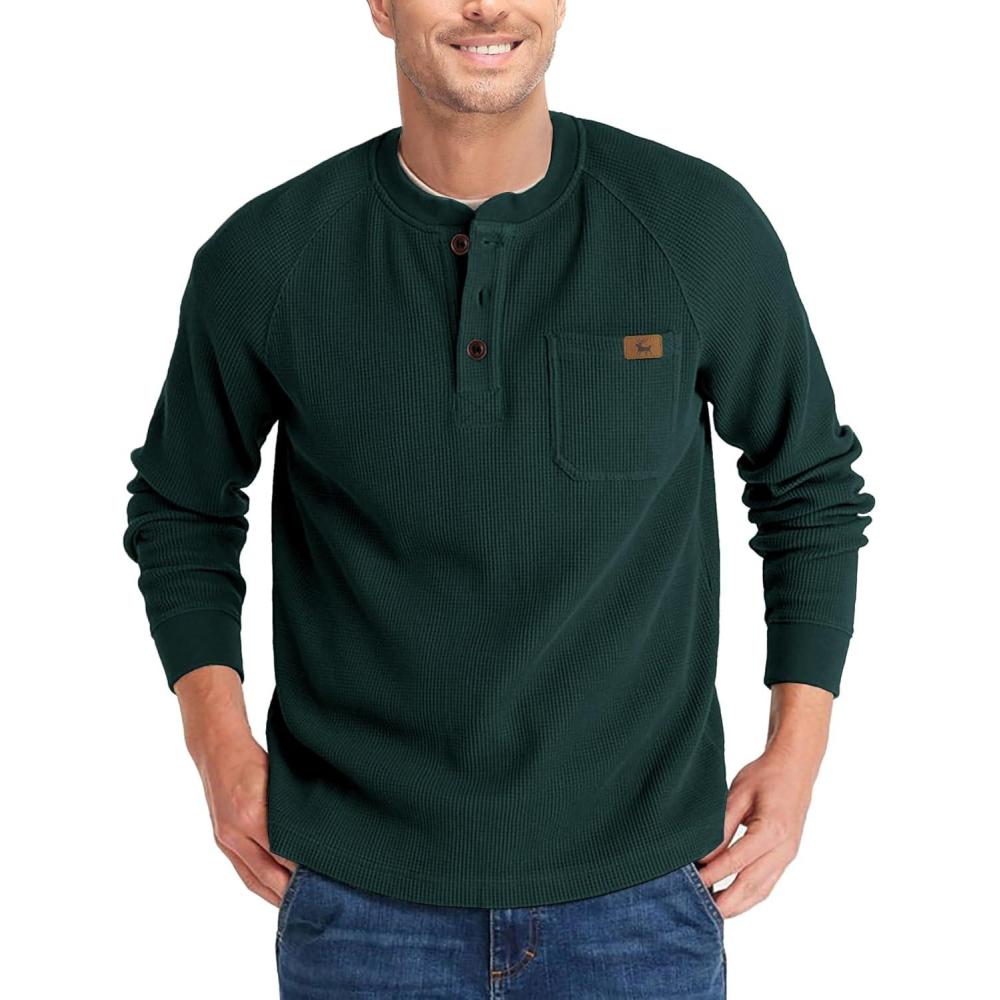 imageZITY Long Sleeve Henley Shirts for Men Casual Waffle Thermal Fashion Pullover 3Button TShirt with PocketZdark Blackish Green
