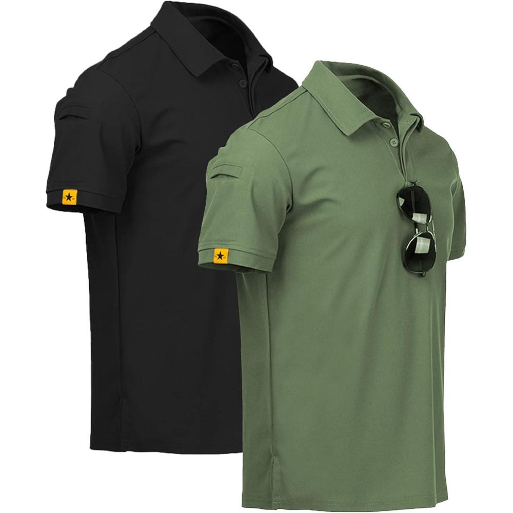 imageZITY Mens 2 Pack Polo Shirts Short Sleeve Performance Sports Golf Shirt for Men Tactical ShirtBlack Green