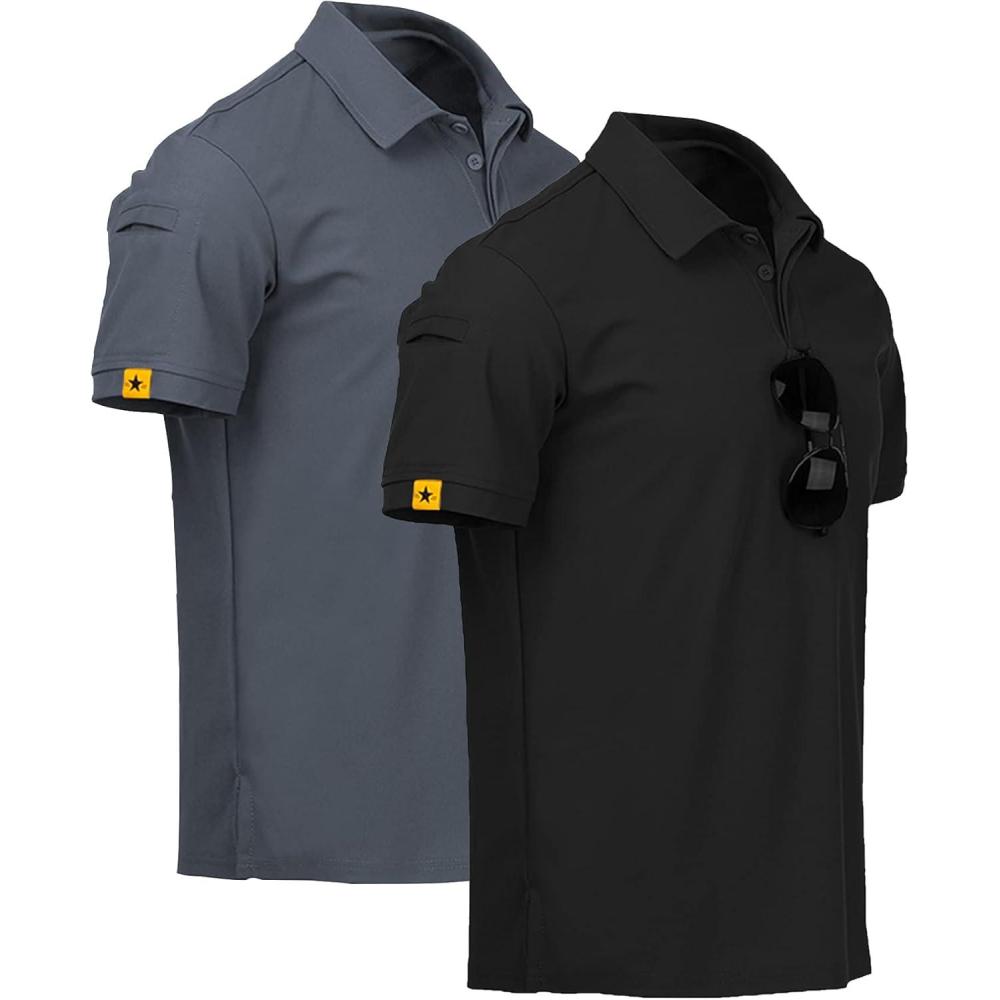 imageZITY Mens 2 Pack Polo Shirts Short Sleeve Performance Sports Golf Shirt for Men Tactical ShirtBlack Grey
